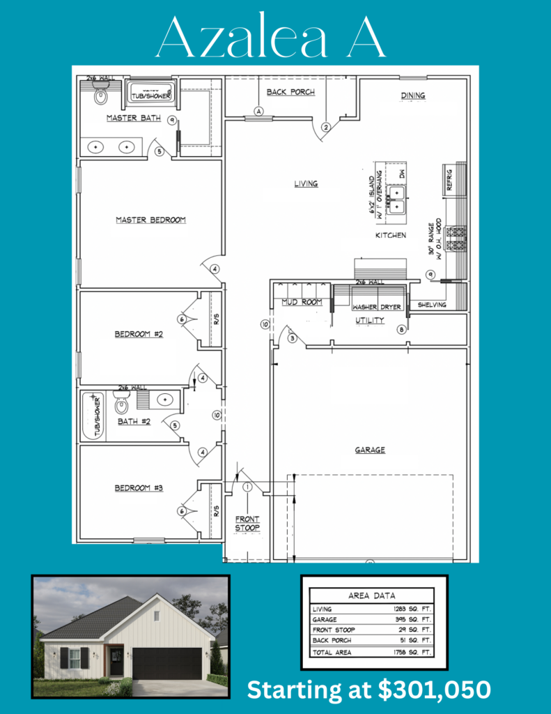 Blueprint and photo of the Azalea, a model home showcasing a tidy floor plan with three bedrooms, a spacious living area, an attached garage, and gardening spaces ideal for azalea flowers,