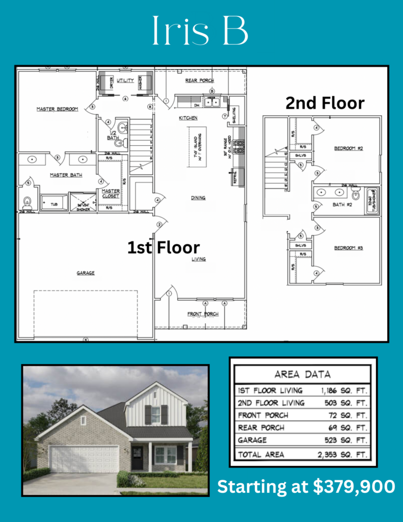 Blueprint and exterior view of the 'Azalea A' model home - spacious two-story living starting at 9,900.