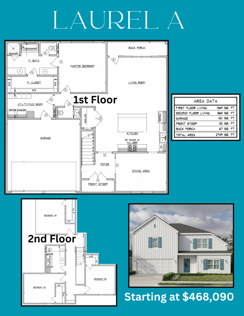 Blueprints and exterior view of the Azalea A house model: a spacious two-story home with pricing information.