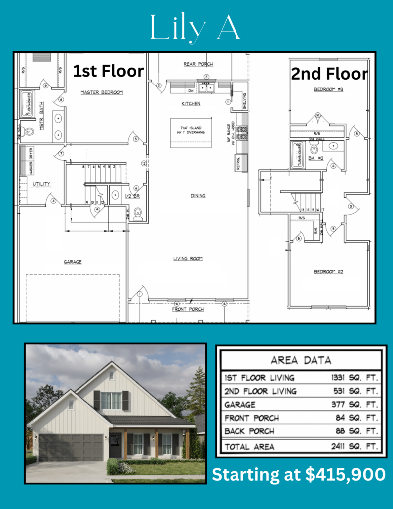 Blueprint and exterior view of the 'Azalea A' model home featuring detailed floor plans and specifications with a starting price of 5,900.